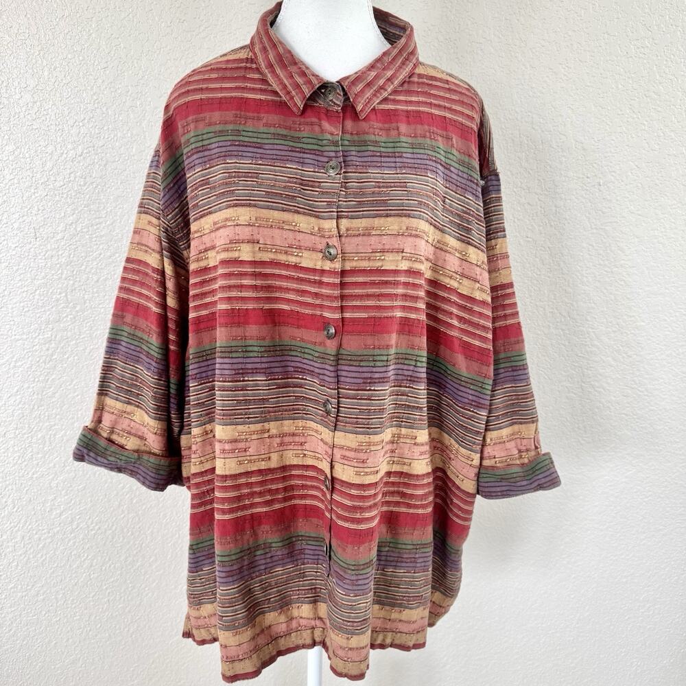 Maggie & Max 4X Boho Textured Stripe Button Shirt Tunic Cotton Lagenlook Top